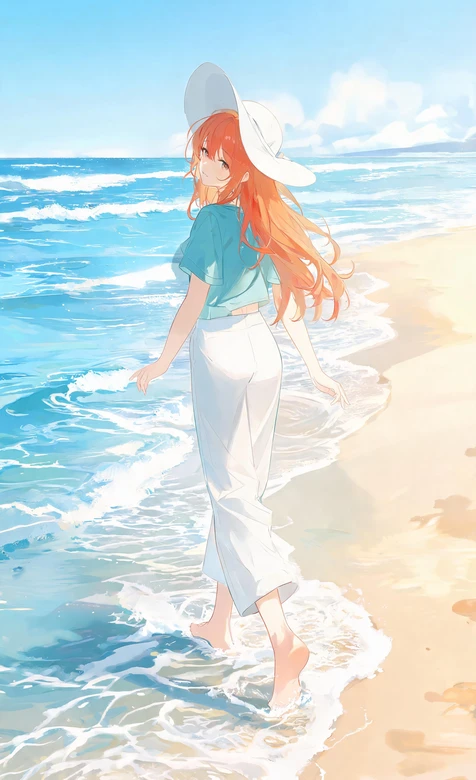 二次元橙发少女·海边漫步 全面屏高清锁屏-iPhone17-1