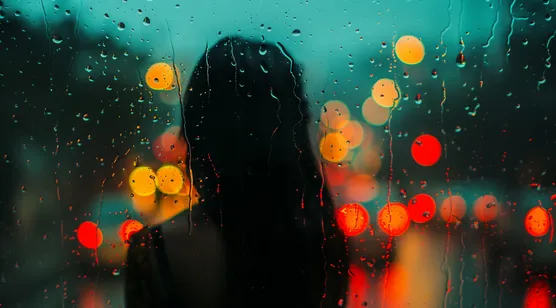 下雨天，玻璃，女孩，水滴，夜晚，城市，车灯，朦胧雨中女生背影壁纸图片-iPhone17-1