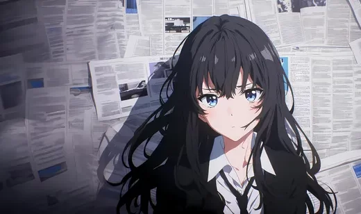 黑长直蓝眼少女·报纸背景 二次元桌面背景