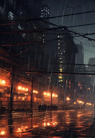 下雨天，夜晚，湿漉漉的地面，商业街和行人动漫场景插画壁纸图片