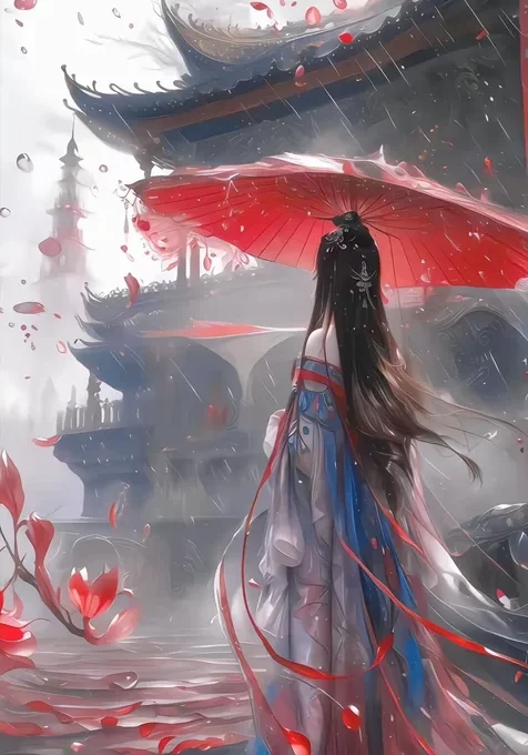 古塔前，手拿着红伞走在雨中的古装美女背影插画手机壁纸图片