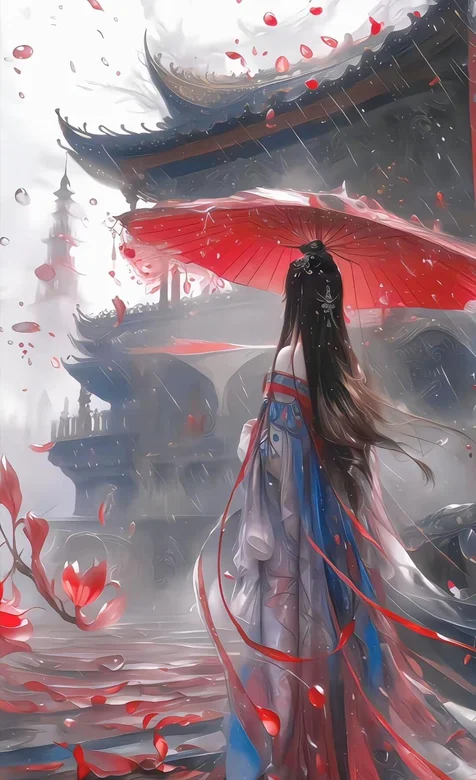 古塔前，手拿着红伞走在雨中的古装美女背影插画手机壁纸图片-iPhone17-1
