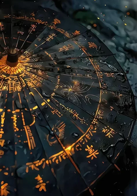 油纸伞，骨伞，发光，法器，在雨中，手机壁纸图片