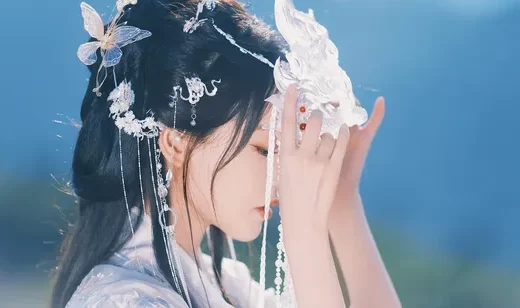 古风古装美女，祝绪丹身着白色丝绸古装搭配面具和各种头饰超美写真桌面壁