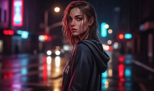 雨夜霓虹街头女孩·写实暗黑赛博朋克电脑壁纸
