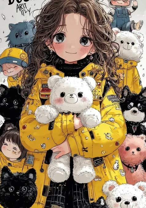 卡通女孩（ARTI TILY）·抱白泰迪 可爱插画宠物环绕手机壁纸