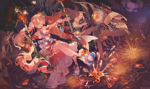二次元精灵少女 · 花簇秋千与烟花夜 宽屏高清桌面背景