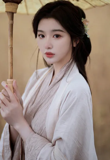 古装美女，芦苇湖中，木栈道，一袭浅色古装穿搭美丽伊人顾盼生怜写真图片