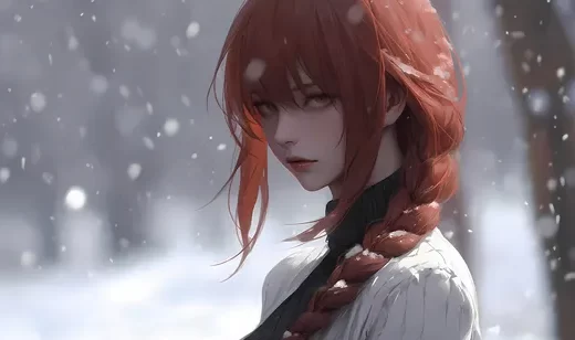 雪中AI美少女，酒红色头发，麻花辫发型AI美女