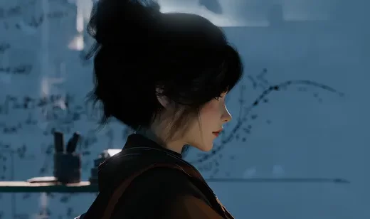 背对镜头，黑色头发，蓬松挽成发髻的动漫美女高清插画壁纸