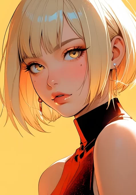 短发金发少女·二次元插画风·红黑高领衣精致耳饰 个性手机壁纸