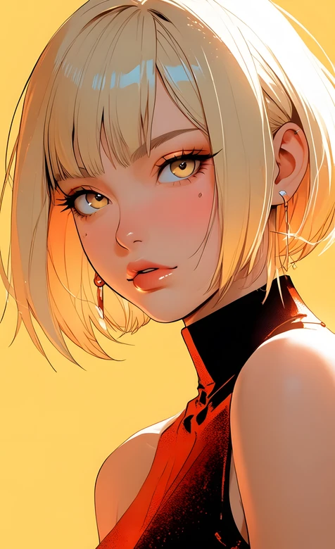 短发金发少女·二次元插画风·红黑高领衣精致耳饰 个性手机壁纸-iPhone17-1