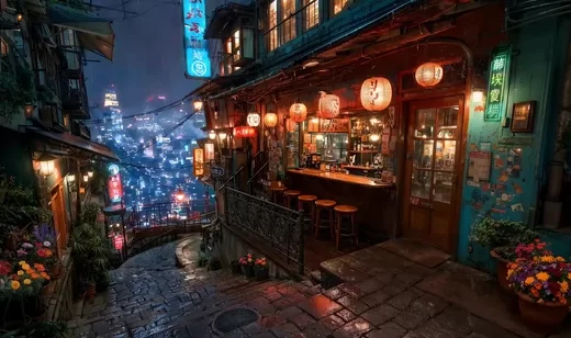 日式雨夜山城街道·霓虹酒馆 动态电脑壁纸高人气款
