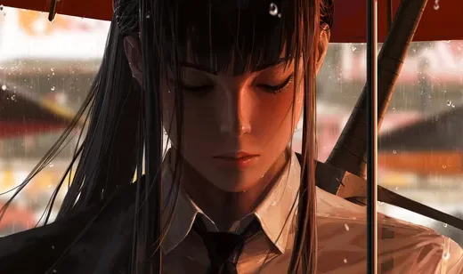 黑长直武士刀少女·写实插画 雨天电脑壁纸