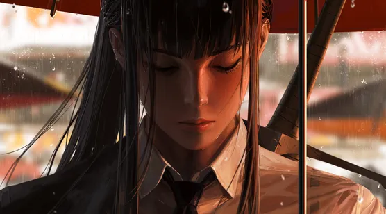 黑长直武士刀少女·写实插画 雨天电脑壁纸-iPhone17-1