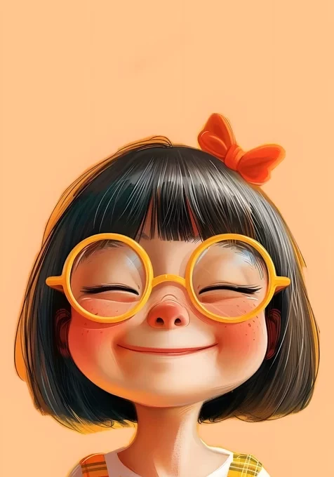 治愈系卡通女孩·黄圆眼镜红蝴蝶结 温馨国漫风手机壁纸