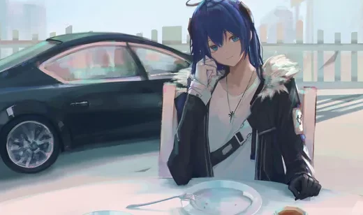 头顶光圈，坐在路边喝咖啡的动漫少女