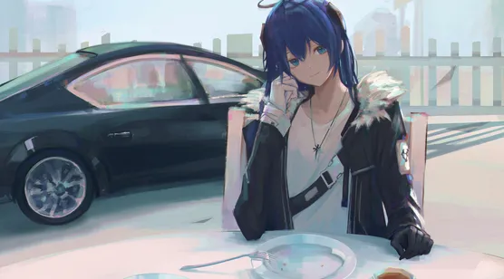 头顶光圈，坐在路边喝咖啡的动漫少女-iPhone17-1