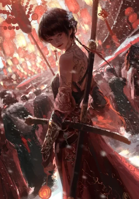 国风武侠少女·雪夜灯笼街市 高清全面屏锁屏