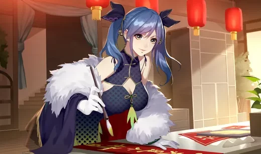 在写书法的马尾辫大胸旗袍动漫美女