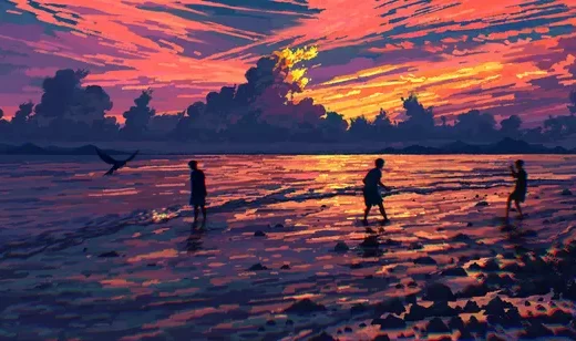 海滨嬉戏少年剪影·像素风 宽屏办公桌面背景