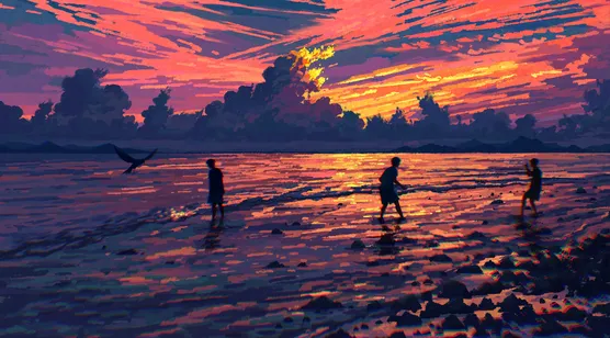 海滨嬉戏少年剪影·像素风 宽屏办公桌面背景-iPhone17-1