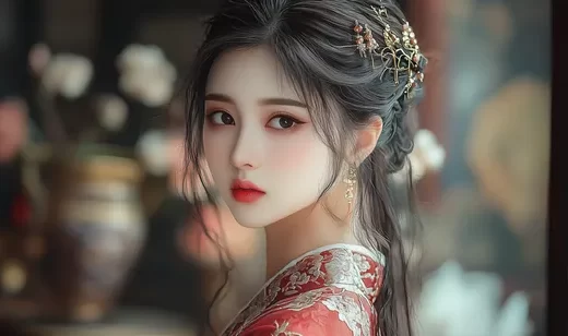温婉柔美，陶醉其中，精致容颜古装古风AI动漫美女壁纸图片