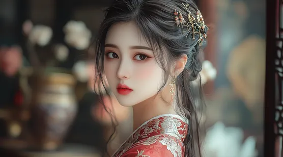 温婉柔美，陶醉其中，精致容颜古装古风AI动漫美女壁纸图片-iPhone17-1