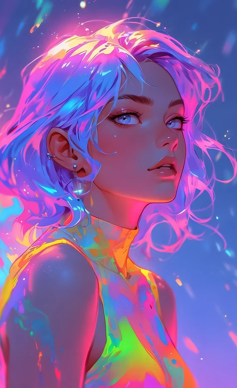 霓虹炫彩短发少女·赛博朋克艺术插画 高人气竖屏壁纸-iPhone17-1
