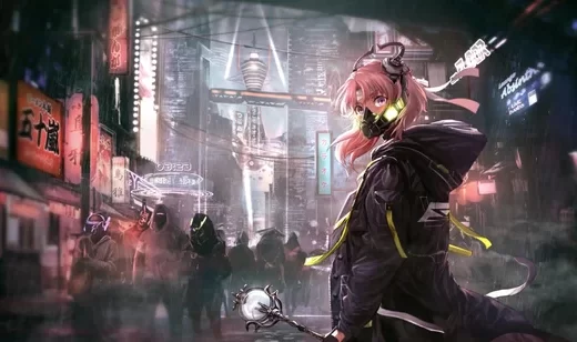 粉发防毒面具少女·赛博朋克雨夜都市 动漫动态电脑壁纸