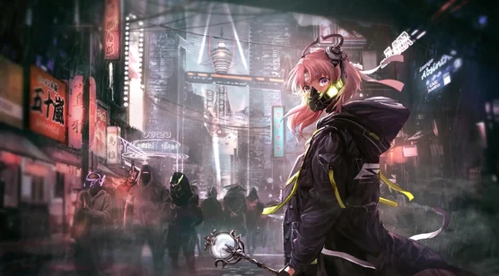 粉发防毒面具少女·赛博朋克雨夜都市 动漫动态电脑壁纸-iPhone17-1