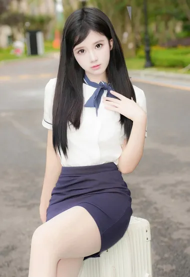 刚下班回家路上，拉着手提箱的空姐美女小姐姐紧身白衣蓝裙制服气质街拍写