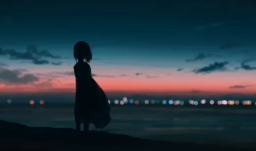 剪影少女·海边黄昏城市灯火 动漫风唯美氛围感拉满