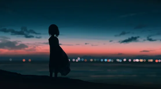 剪影少女·海边黄昏城市灯火 动漫风唯美氛围感拉满-iPhone17-1