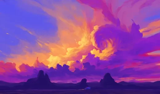 荒漠孤峰·炫彩云霞插画 唯美梦幻氛围感拉满