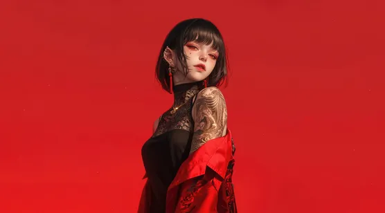 国风暗黑纹身少女·红黑撞色高质感电脑壁纸-iPhone17-1