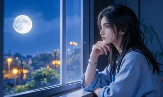 窗边托腮女生·唯美写实CG插画 月夜都市电脑壁纸