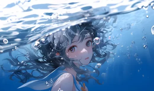在水中，泡泡 大眼睛，卷发动漫AI少女，萝莉图片