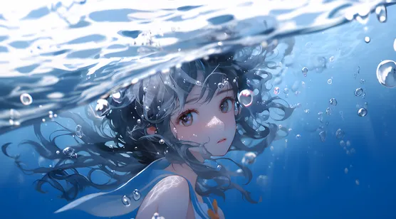 在水中，泡泡 大眼睛，卷发动漫AI少女，萝莉图片-iPhone17-1