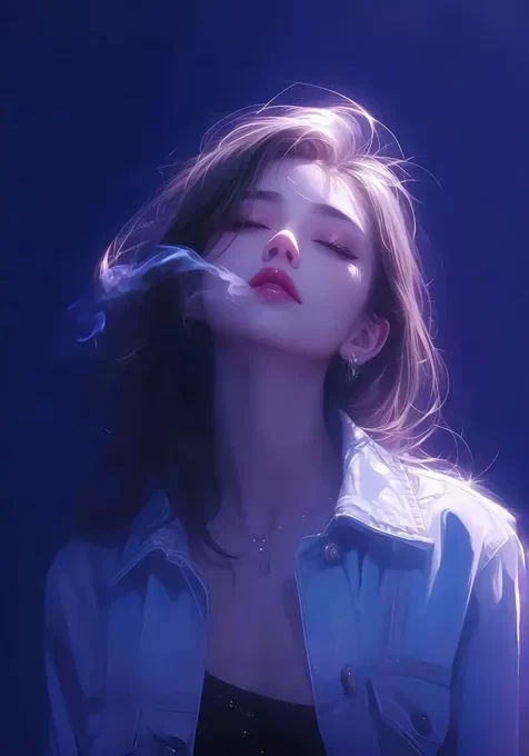 寂寞如烟，闭着眼睛，短发AI美女，抽烟的女生手机壁纸图片
