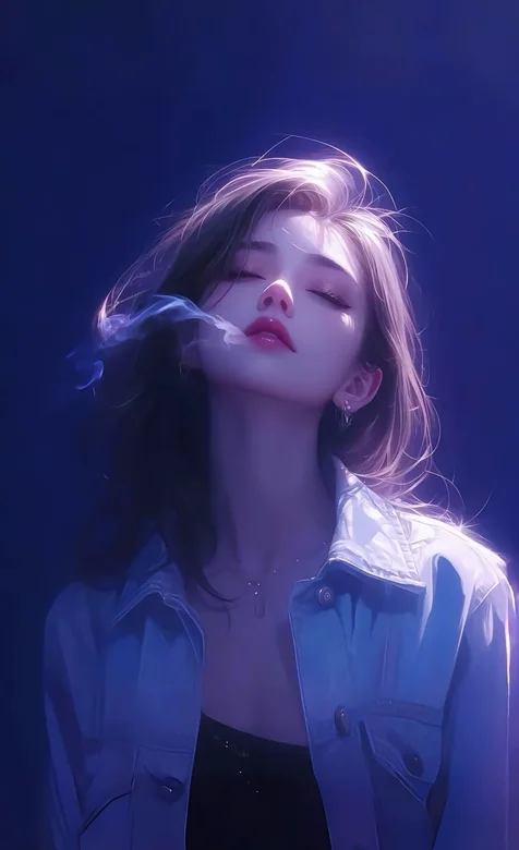 寂寞如烟，闭着眼睛，短发AI美女，抽烟的女生手机壁纸图片-iPhone17-1