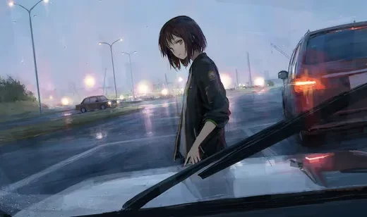 短发少女·雨夜公路 二次元写实风 清冷唯美电脑壁纸