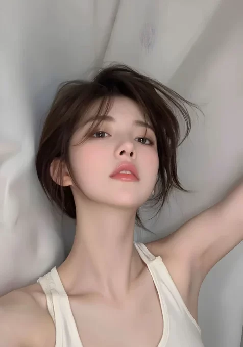 高颜值美女，傲娇的白色背心穿着美少女手机壁纸图片