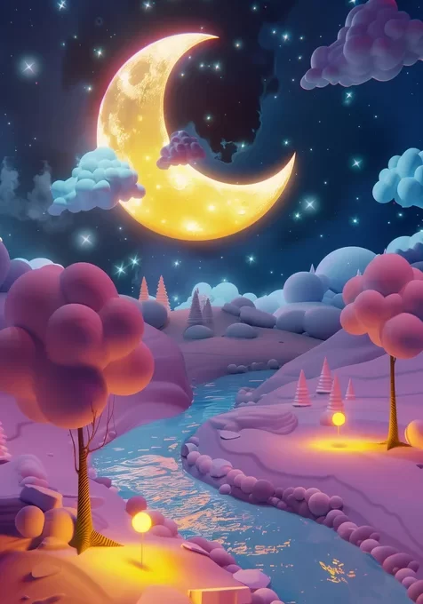 弯弯的月亮 漫天星，蜿蜒的小河，明亮的路灯 童话般的卡通场景美图手机
