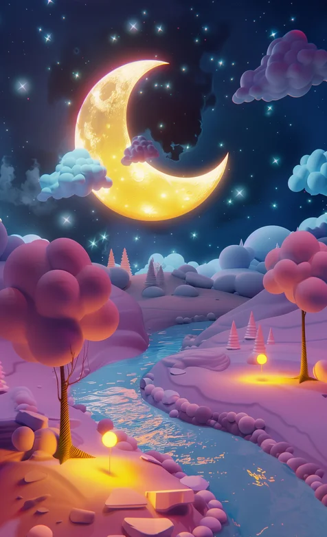 弯弯的月亮 漫天星，蜿蜒的小河，明亮的路灯 童话般的卡通场景美图手机-iPhone17-1