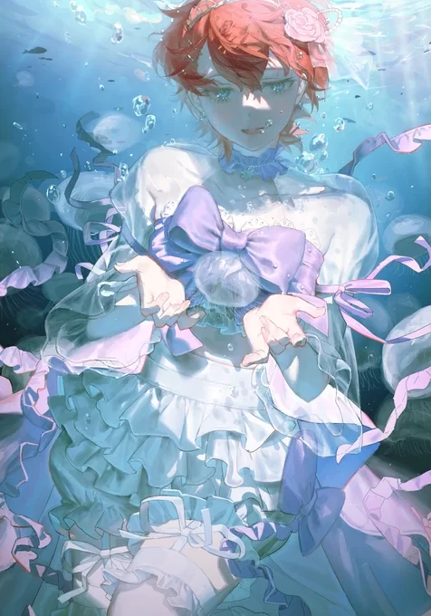 红发洛丽塔少女·水下唯美二次元梦幻治愈手机壁纸