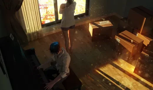 准备搬家，弹钢琴的动漫男孩，和对着窗户抱胸的女孩背影，一对情侣生活插