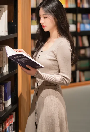 图书馆女生·针织裙看书·唯美文艺 书香氛围感女生摄影图