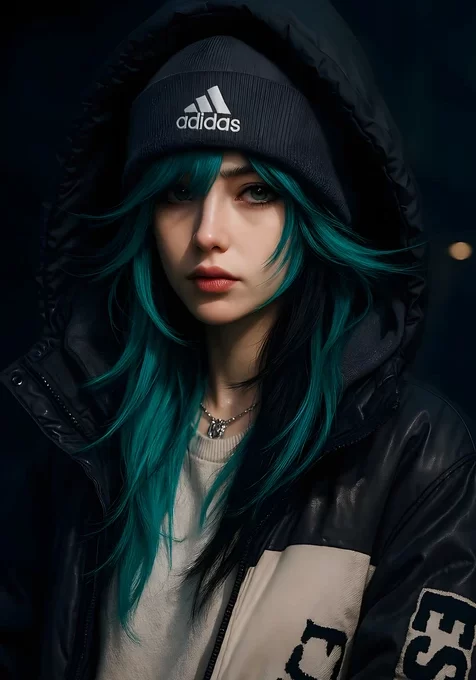 潮酷少女·蓝绿发丝adidas冷帽 暗黑写实风手机壁纸