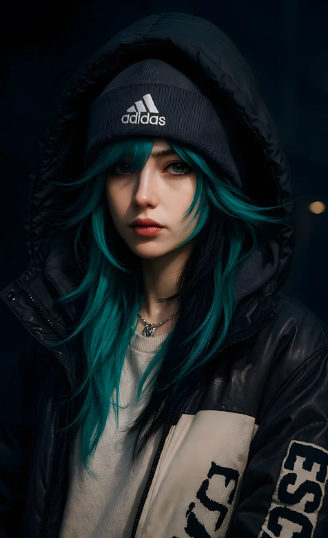 潮酷少女·蓝绿发丝adidas冷帽 暗黑写实风手机壁纸-iPhone17-1